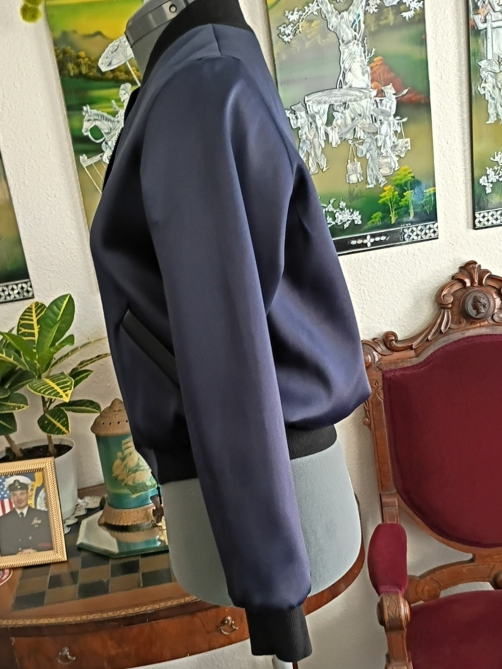 Amin Phillips Runway 100% Silk Navy Blue Bomber Jacket - Picture 3 of 5
